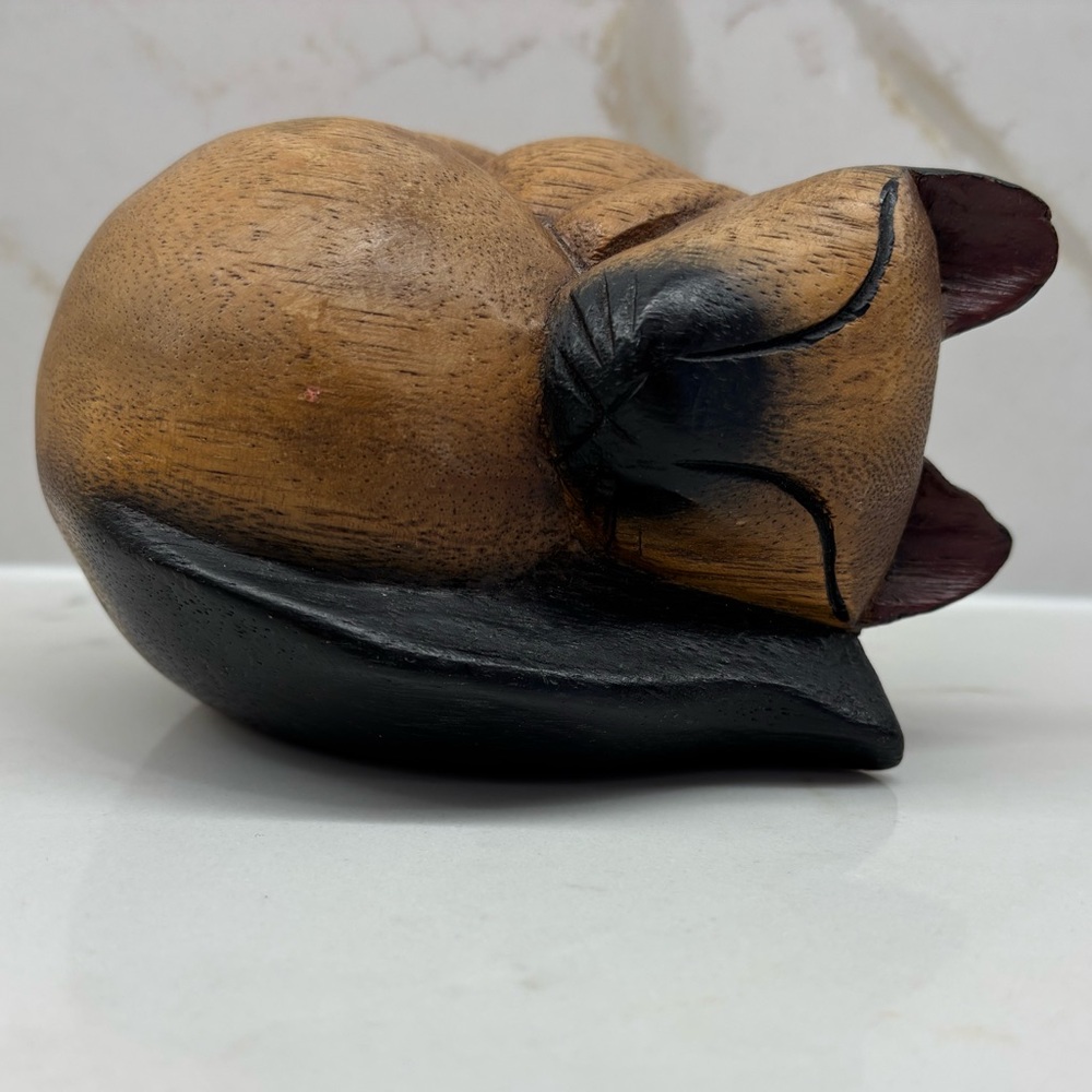 Vintage Hand Carved Solid Wooden Siamese Cat Figure Curled Up Sleeping